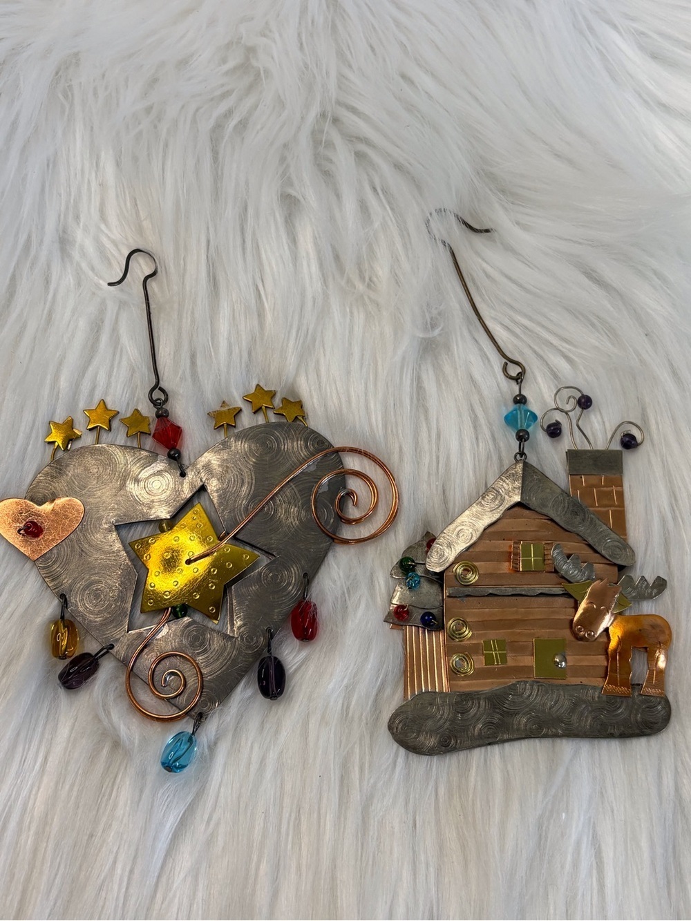 (121)Mixed-Metal Heart & House Holiday Ornaments - Silver, Gold, Copper Accents